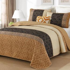 imageCottolester Queen Quilt Set 3 PiecesGray and Blue Striped Quilt SetBoho Farmhouse Bedspread Soft Microfiber Bedding Set for All Season 96quotx90quotBrown