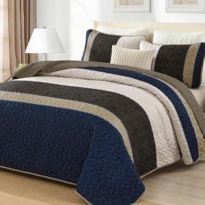 imageCottolester Queen Quilt Set 3 PiecesGray and Blue Striped Quilt SetBoho Farmhouse Bedspread Soft Microfiber Bedding Set for All Season 96quotx90quotBrown and Blue