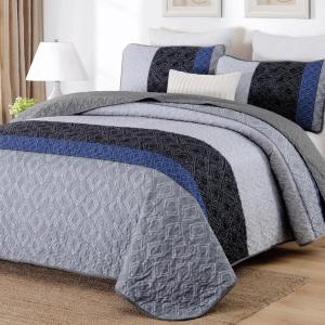 imageCottolester Queen Quilt Set 3 PiecesGray and Blue Striped Quilt SetBoho Farmhouse Bedspread Soft Microfiber Bedding Set for All Season 96quotx90quotGray and Blue