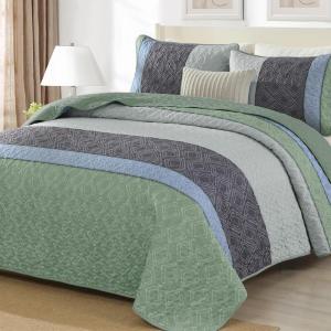 imageCottolester Queen Quilt Set 3 PiecesGray and Blue Striped Quilt SetBoho Farmhouse Bedspread Soft Microfiber Bedding Set for All Season 96quotx90quotGreen and Gray