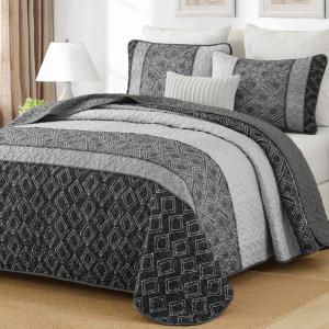 imageCottolester Queen Quilt Set 3 PiecesGray and Blue Striped Quilt SetBoho Farmhouse Bedspread Soft Microfiber Bedding Set for All Season 96quotx90quotGrey