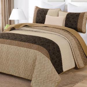 imageCottolester Queen Quilt Set 3 PiecesGray and Blue Striped Quilt SetBoho Farmhouse Bedspread Soft Microfiber Bedding Set for All Season 96quotx90quotLight Brown