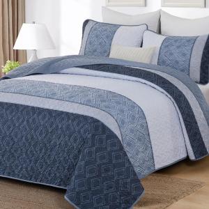 imageCottolester Queen Quilt Set 3 PiecesGray and Blue Striped Quilt SetBoho Farmhouse Bedspread Soft Microfiber Bedding Set for All Season 96quotx90quotMineral Blue