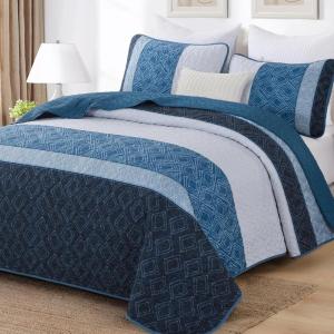 imageCottolester Queen Quilt Set 3 PiecesGray and Blue Striped Quilt SetBoho Farmhouse Bedspread Soft Microfiber Bedding Set for All Season 96quotx90quotNavy Blue