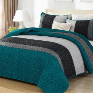 imageCottolester Queen Quilt Set 3 PiecesGray and Blue Striped Quilt SetBoho Farmhouse Bedspread Soft Microfiber Bedding Set for All Season 96quotx90quotPeacock Blue