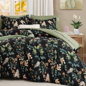 imageQueen Comforter Set 7 Pieces Floral Comforter Bed in A BagCoral Botanical Comforter Set with PillowcasesSoft Microfiber Complete Bedding Sets for All SeasonBlack