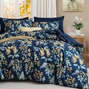 imageQueen Comforter Set 7 Pieces Floral Comforter Bed in A BagCoral Botanical Comforter Set with PillowcasesSoft Microfiber Complete Bedding Sets for All SeasonNavy Blue