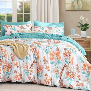 imageQueen Comforter Set 7 Pieces Floral Comforter Bed in A BagCoral Botanical Comforter Set with PillowcasesSoft Microfiber Complete Bedding Sets for All SeasonCoral