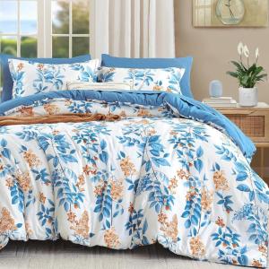 imageQueen Comforter Set 7 Pieces Floral Comforter Bed in A BagCoral Botanical Comforter Set with PillowcasesSoft Microfiber Complete Bedding Sets for All SeasonBlue